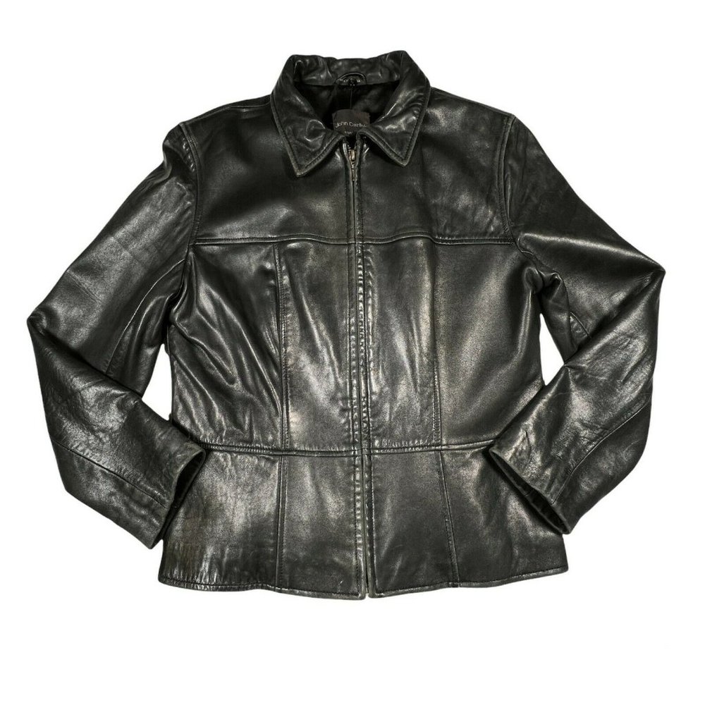 John Carlisle Signature Black Leather full zip jacket sz Med.  Soft Collar